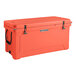A coral CaterGator outdoor cooler with black handles.