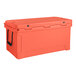 A red CaterGator outdoor cooler with a lid and black handles.