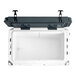 A white CaterGator outdoor cooler with black handles and an open lid.