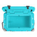 A CaterGator sky blue outdoor cooler with the lid open.