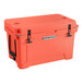 A coral CaterGator outdoor cooler with black handles.