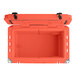 An orange CaterGator outdoor cooler with a black lid.