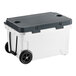 A white and black CaterGator outdoor cooler with wheels.