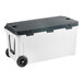 A white CaterGator outdoor cooler with black wheels.