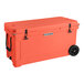 A large orange CaterGator outdoor cooler with wheels.