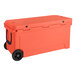 A large orange CaterGator outdoor cooler with wheels.