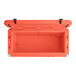 An orange CaterGator outdoor cooler with the lid open.