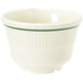 A white melamine bowl with a green stripe on the side.