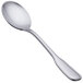 A close-up of a Oneida Stanford stainless steel bouillon spoon with a silver handle.