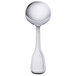 A close-up of a Oneida Stanford silver stainless steel bouillon spoon with a silver handle.