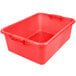 A red plastic Vollrath Color-Mate drain box with handles and a perforated bottom.