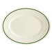 A white oval platter with a green rim.
