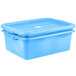 A Vollrath Traex blue polypropylene container with two lids.
