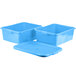 Three blue plastic storage containers with standard white lids.