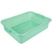 A green plastic Vollrath Traex food storage container with a rectangular bottom and a handle.