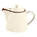 A white porcelain teapot with a lid and a brown accent around the rim.