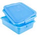 Three blue Vollrath Traex Color-Mate plastic containers with lids stacked on top of each other.