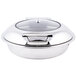 A silver Tablecraft stainless steel chafer with a glass lid.
