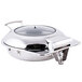 A Tablecraft stainless steel round chafing dish with a glass lid.
