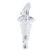 A clear plastic 1.25 oz. measured liquor pourer with a ribbed neck and angled spout.