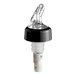 A clear and black measured liquor pourer with a collar and white base.