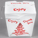 A white Fold-Pak take-out container with red writing that says "Enjoy" and "Thank You"