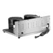 A double waffle maker with a stainless steel body and two round cooking plates, featuring a power cord and rear ventilation.