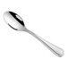 An Acopa Edgeworth stainless steel demitasse spoon with a long handle.