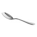 An Acopa Edgeworth stainless steel serving spoon with a white handle.
