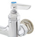 A chrome T&S wall mounted pantry faucet with blue handles.