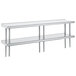A stainless steel table mounted double deck shelving unit with a rear turn-up.