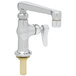 A chrome T&S deck-mount faucet with a handle and a 6" swing cast spout.