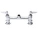 A T&S chrome faucet base with two handles.