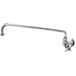 A T&S chrome wall mount faucet with a long swing handle.