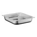 A square stainless steel food pan.