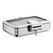 A rectangular stainless steel induction chafer with a glass top and soft close lid.