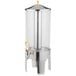 A Vollrath stainless steel beverage dispenser with brass accents.