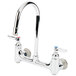 A chrome T&S wall mount faucet with two handles and two spouts.