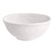 A small white round melamine bowl with a speckled pattern.