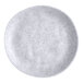 A round, light gray melamine plate with a speckled pattern.