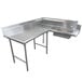 A stainless steel L-shape dishtable with a left sink and drainboard.