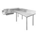 A stainless steel L-shape dishtable with a counter top and sink.