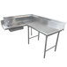 A stainless steel L-shape dishtable with a counter and sink on the right side.