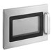 A stainless steel microwave oven door assembly with a large handle and a glass window.