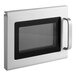 A silver microwave door with a large handle and a black-framed window in the center.