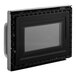 A black rectangular microwave door assembly with a perforated window and a handle on the left side.