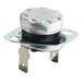A metal high-limit thermostat for commercial microwaves with two electrical terminals and a mounting flange.
