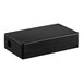 A rectangular black plastic enclosure with a smooth surface, two visible screw holes on the top, and a circular opening on one side.