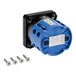 A blue and black cylindrical electrical switch component with a label, accompanied by four silver screws.
