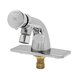 A T&S chrome plated metering faucet with a push button cap and deck plate.